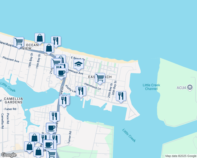 map of restaurants, bars, coffee shops, grocery stores, and more near 4701 Pleasant Avenue in Norfolk