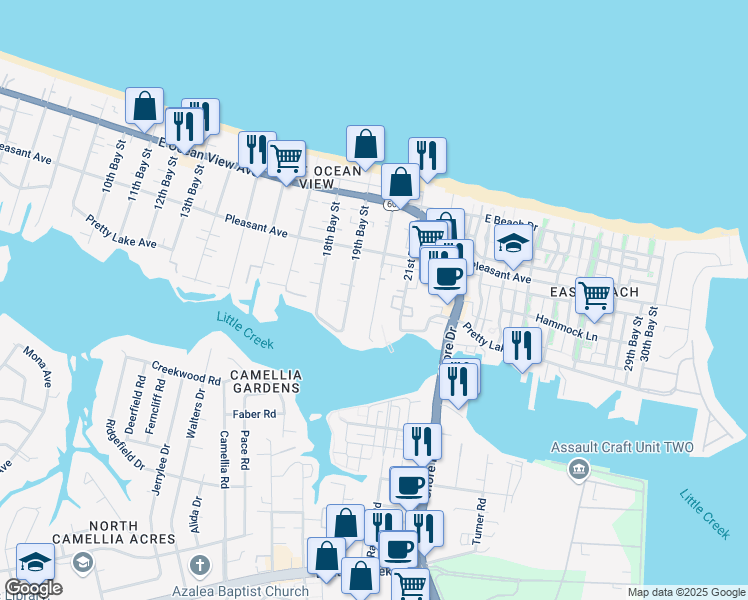 map of restaurants, bars, coffee shops, grocery stores, and more near 9543b 20th Bay Street in Norfolk