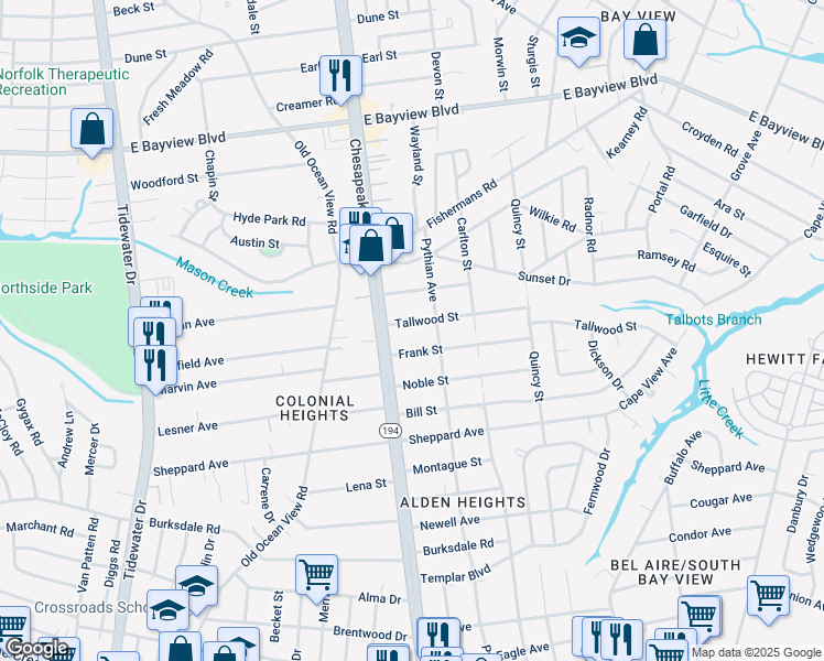map of restaurants, bars, coffee shops, grocery stores, and more near 1123 Tallwood Street in Norfolk