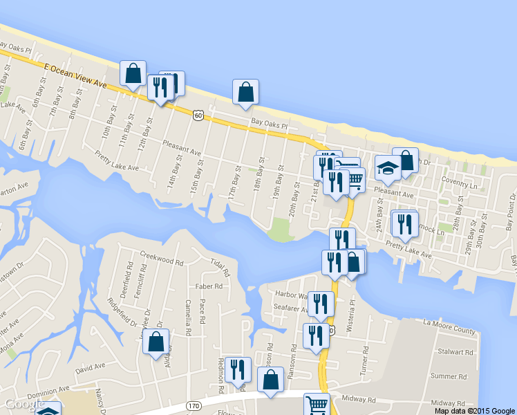map of restaurants, bars, coffee shops, grocery stores, and more near 3801 Pretty Lake Avenue in Norfolk