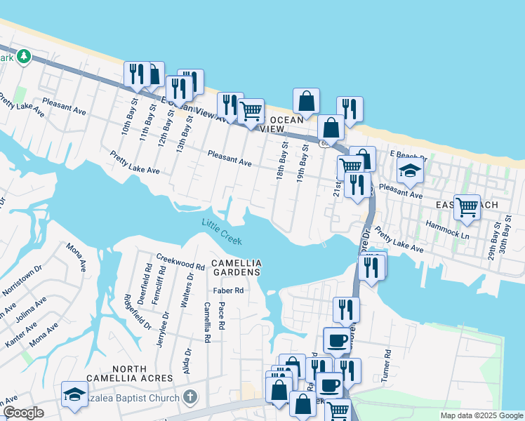 map of restaurants, bars, coffee shops, grocery stores, and more near 9500 Pretty Lake Avenue in Norfolk