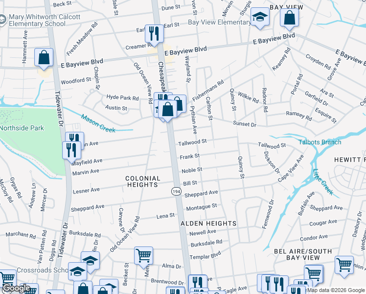map of restaurants, bars, coffee shops, grocery stores, and more near 1128 Frank Street in Norfolk