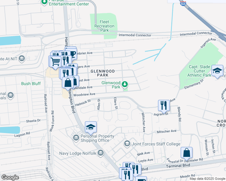 map of restaurants, bars, coffee shops, grocery stores, and more near 325 Woodview Avenue in Norfolk
