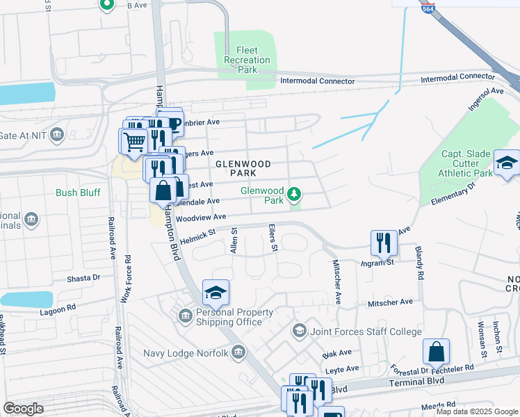 map of restaurants, bars, coffee shops, grocery stores, and more near 308 Woodview Avenue in Norfolk