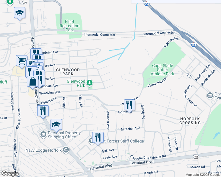 map of restaurants, bars, coffee shops, grocery stores, and more near 511 Woodview Avenue in Norfolk