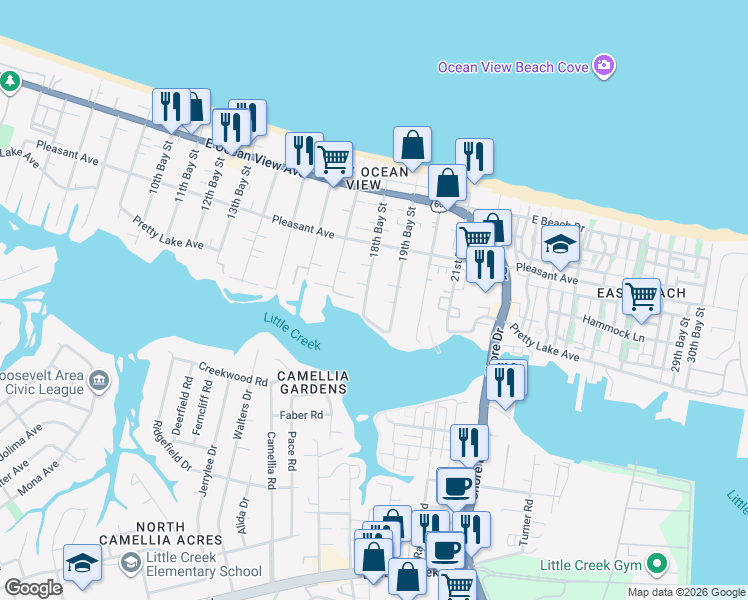 map of restaurants, bars, coffee shops, grocery stores, and more near 9512 18th Bay Street in Norfolk