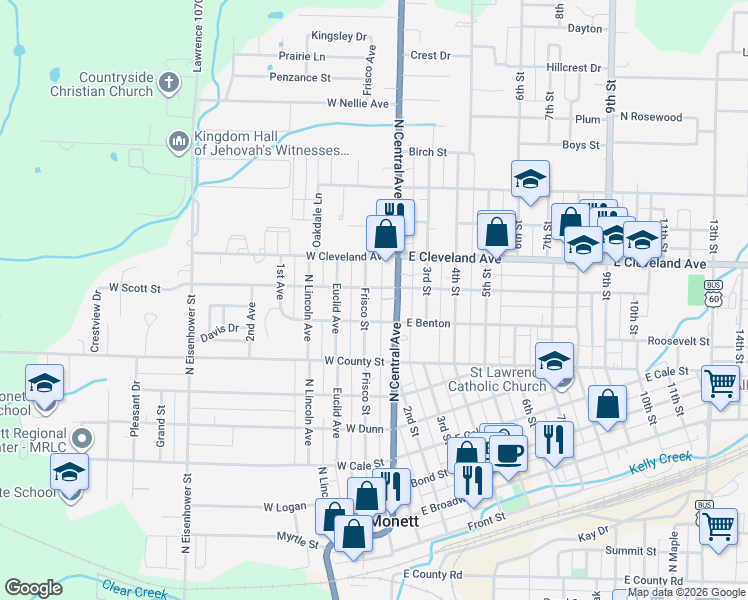 map of restaurants, bars, coffee shops, grocery stores, and more near 801-899 Frisco Avenue in Monett