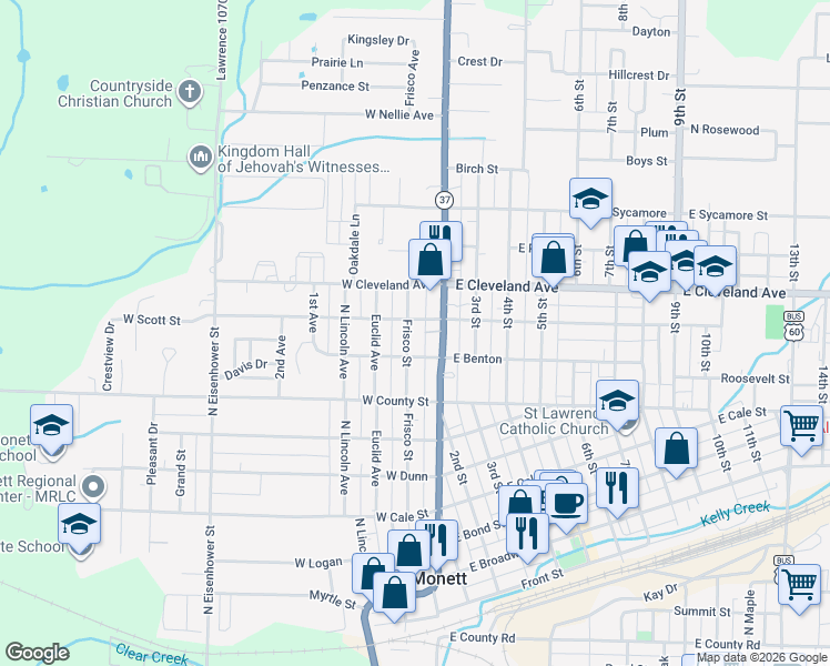 map of restaurants, bars, coffee shops, grocery stores, and more near 801-899 Frisco Avenue in Monett