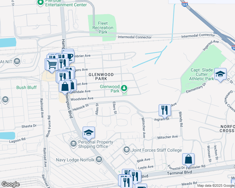 map of restaurants, bars, coffee shops, grocery stores, and more near 325 Woodview Avenue in Norfolk