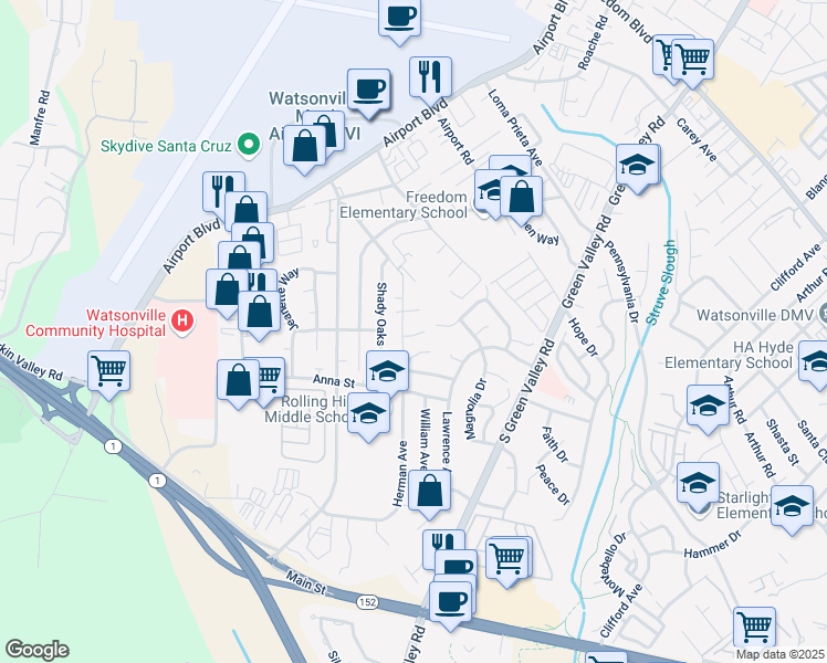 map of restaurants, bars, coffee shops, grocery stores, and more near 52 Herman Court in Watsonville