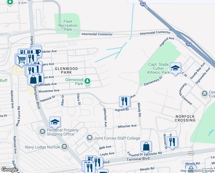 map of restaurants, bars, coffee shops, grocery stores, and more near 511 Woodview Avenue in Norfolk