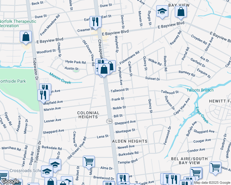 map of restaurants, bars, coffee shops, grocery stores, and more near 1123 Tallwood Street in Norfolk