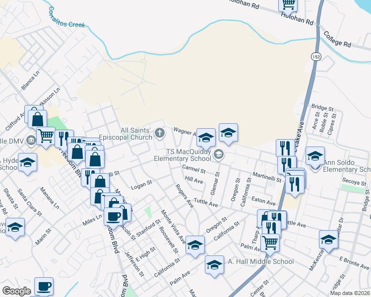 map of restaurants, bars, coffee shops, grocery stores, and more near 805 Vermont Street in Watsonville