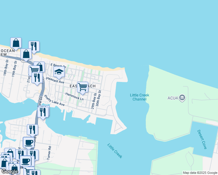 map of restaurants, bars, coffee shops, grocery stores, and more near 9609 Bay Point Drive in Norfolk