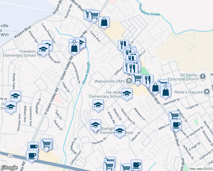 map of restaurants, bars, coffee shops, grocery stores, and more near 116 Arthur Road in Watsonville