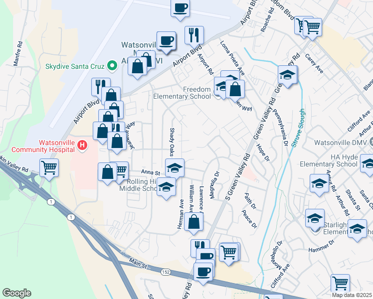 map of restaurants, bars, coffee shops, grocery stores, and more near 52 Herman Court in Watsonville