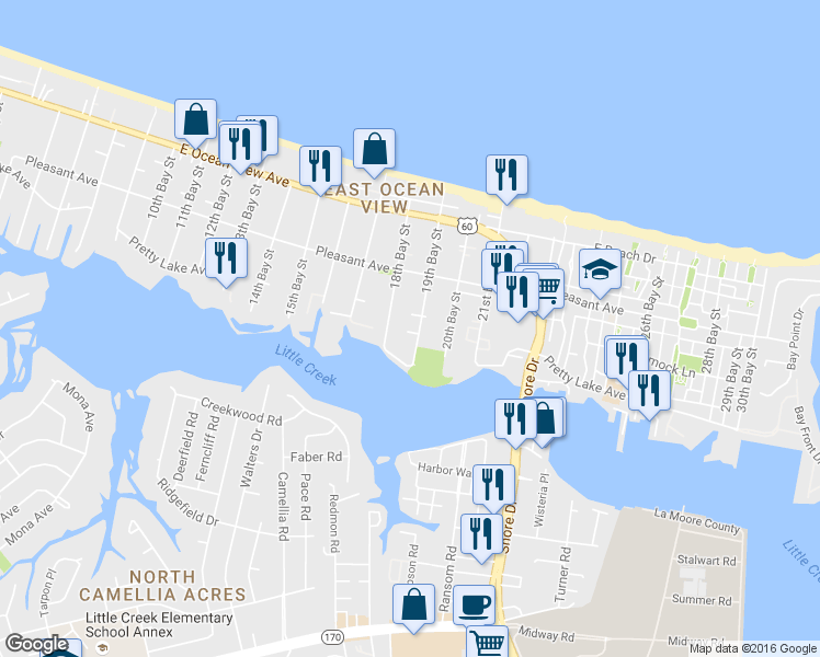 map of restaurants, bars, coffee shops, grocery stores, and more near 9524 19th Bay Street in Norfolk