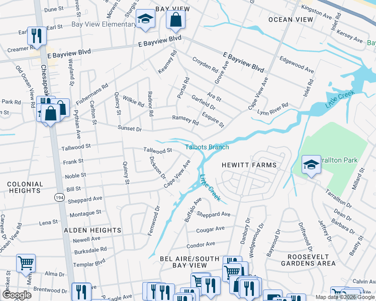 map of restaurants, bars, coffee shops, grocery stores, and more near 8384 Cape View Avenue in Norfolk