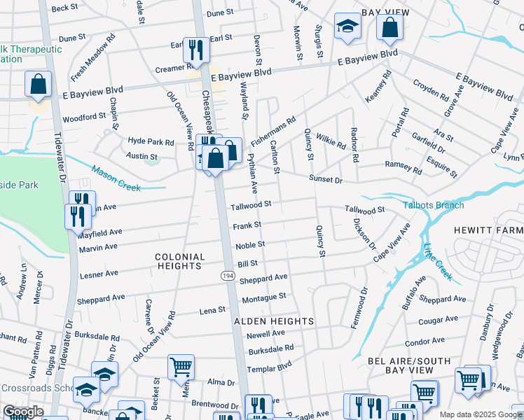 map of restaurants, bars, coffee shops, grocery stores, and more near 1214 Frank Street in Norfolk