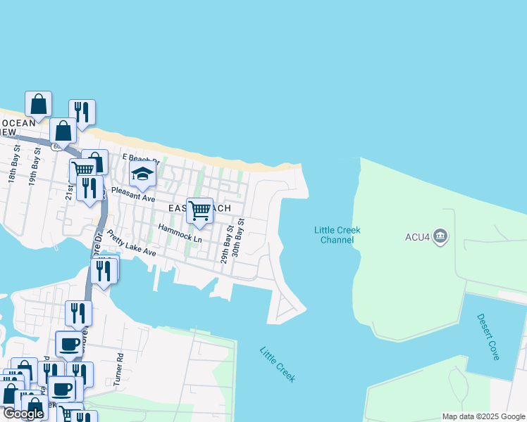 map of restaurants, bars, coffee shops, grocery stores, and more near 9609 Bay Point Drive in Norfolk