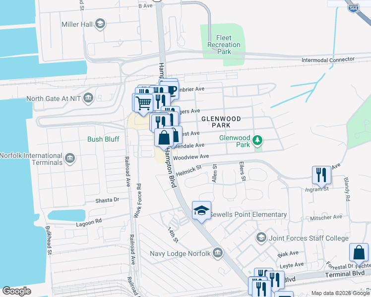 map of restaurants, bars, coffee shops, grocery stores, and more near 134 Woodview Avenue in Norfolk