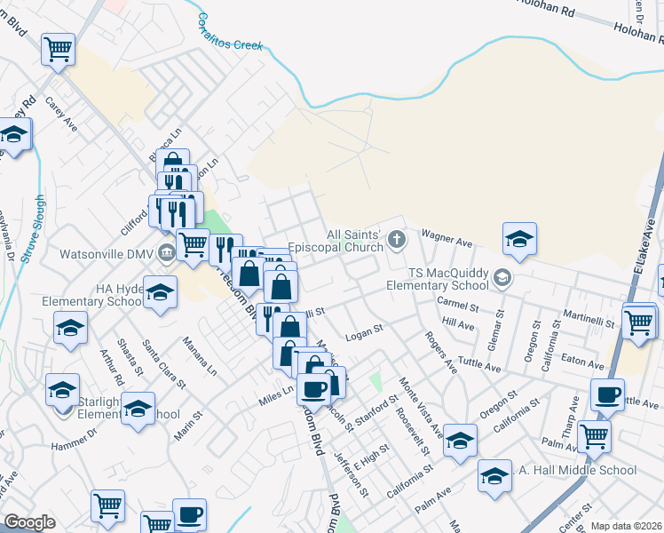 map of restaurants, bars, coffee shops, grocery stores, and more near 280 Crestview Drive in Watsonville