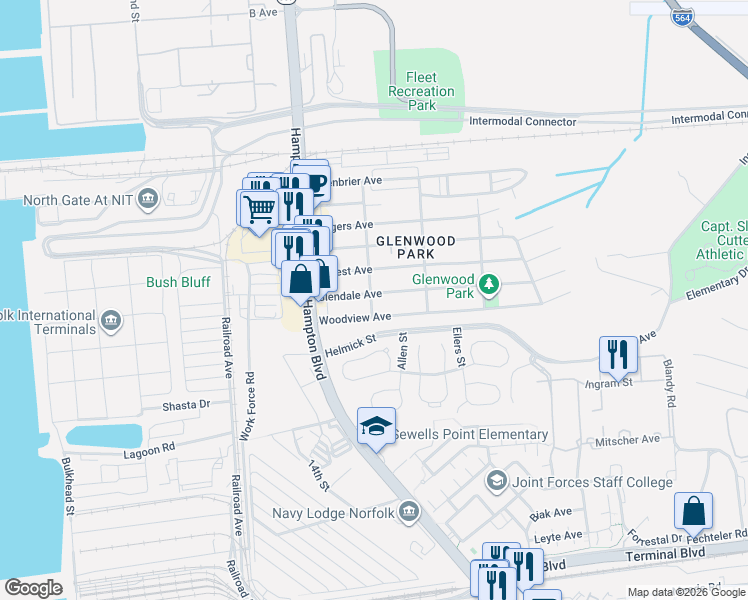 map of restaurants, bars, coffee shops, grocery stores, and more near 134 Woodview Avenue in Norfolk