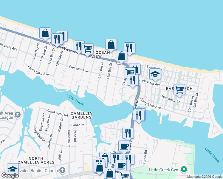 map of restaurants, bars, coffee shops, grocery stores, and more near 9524 19th Bay Street in Norfolk