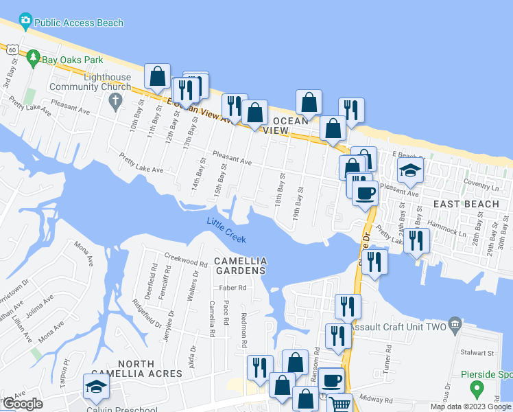 map of restaurants, bars, coffee shops, grocery stores, and more near 9508 17th Bay Street in Norfolk