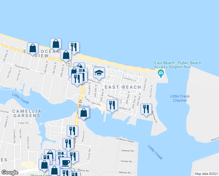 map of restaurants, bars, coffee shops, grocery stores, and more near 9587 26th Bay Street in Norfolk