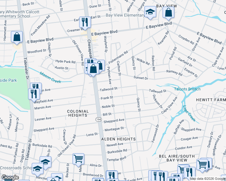 map of restaurants, bars, coffee shops, grocery stores, and more near 1214 Frank Street in Norfolk