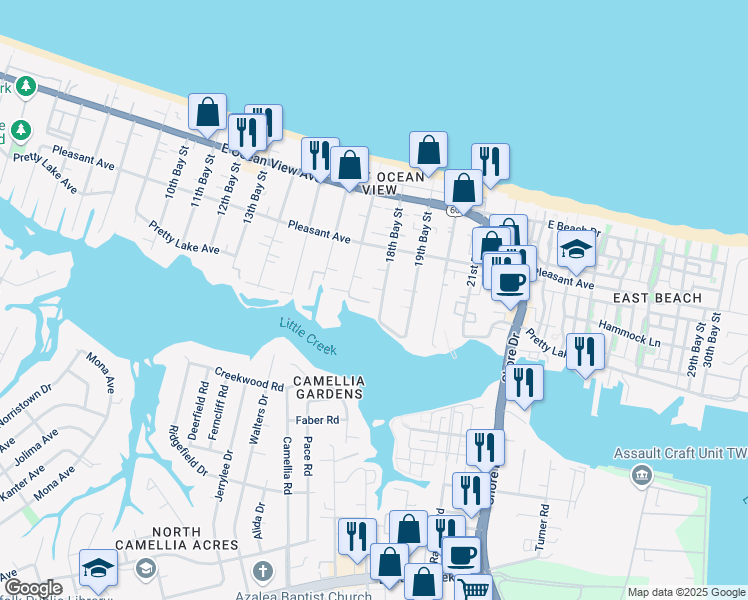 map of restaurants, bars, coffee shops, grocery stores, and more near 9517 18th Bay Street in Norfolk