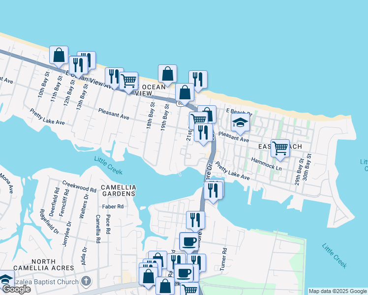 map of restaurants, bars, coffee shops, grocery stores, and more near 9539 21st Bay Street in Norfolk
