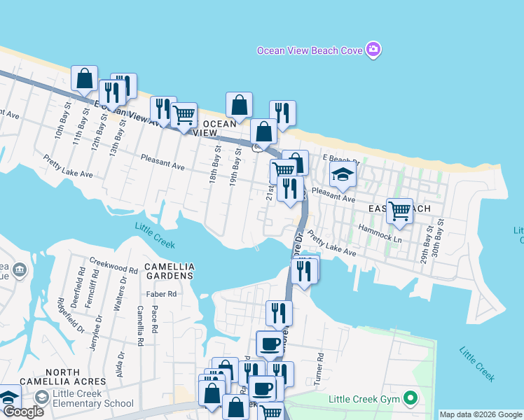 map of restaurants, bars, coffee shops, grocery stores, and more near 9519 21st Bay Street in Norfolk