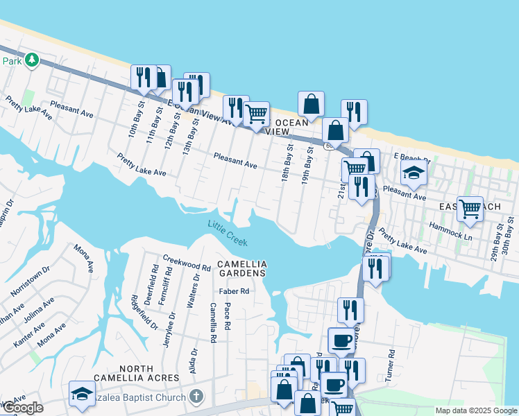 map of restaurants, bars, coffee shops, grocery stores, and more near 9500 Pretty Lake Avenue in Norfolk