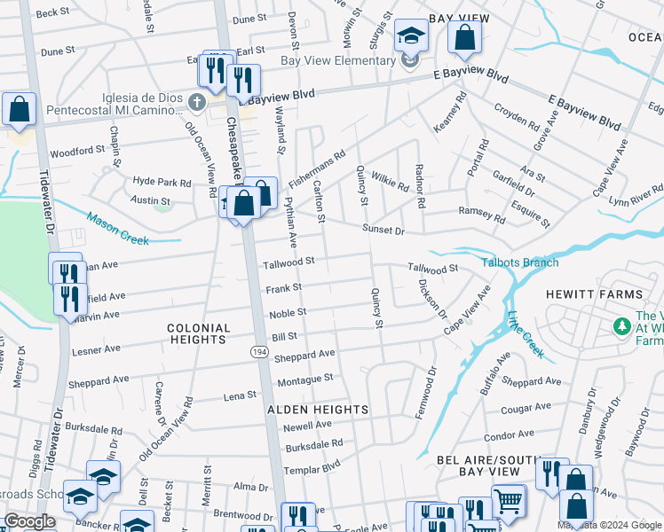 map of restaurants, bars, coffee shops, grocery stores, and more near 1314 Frank Street in Norfolk