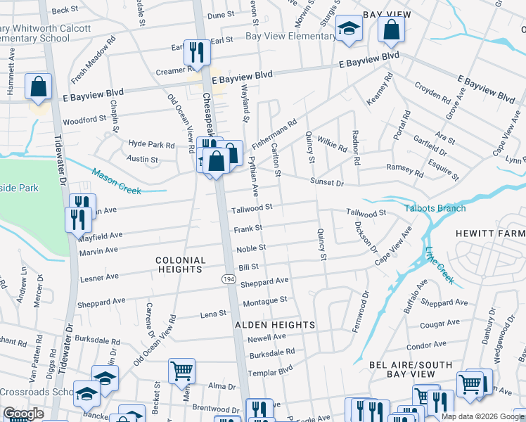 map of restaurants, bars, coffee shops, grocery stores, and more near 1214 Frank Street in Norfolk