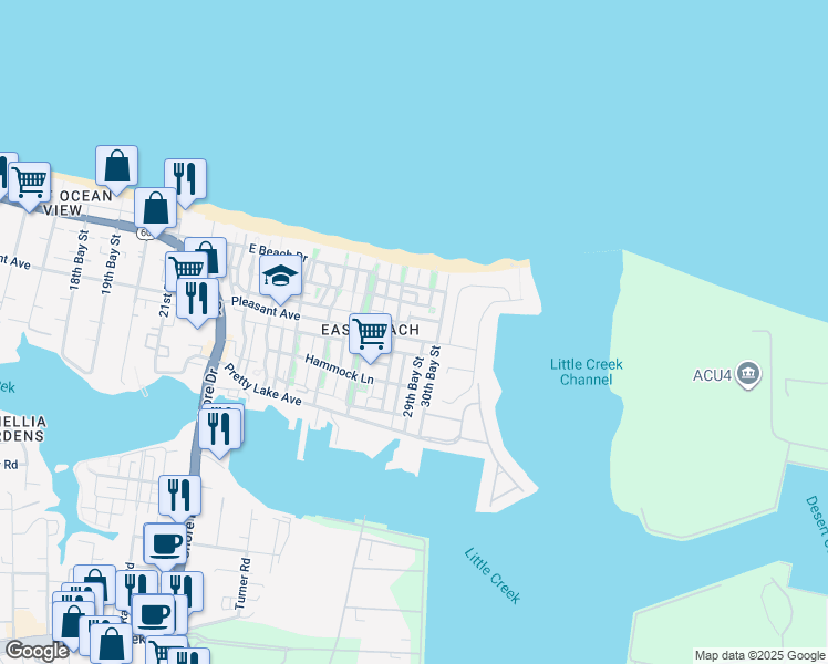 map of restaurants, bars, coffee shops, grocery stores, and more near 4900 Pleasant Avenue in Norfolk