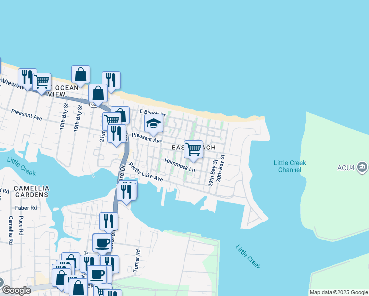 map of restaurants, bars, coffee shops, grocery stores, and more near 4645 Pleasant Avenue in Norfolk