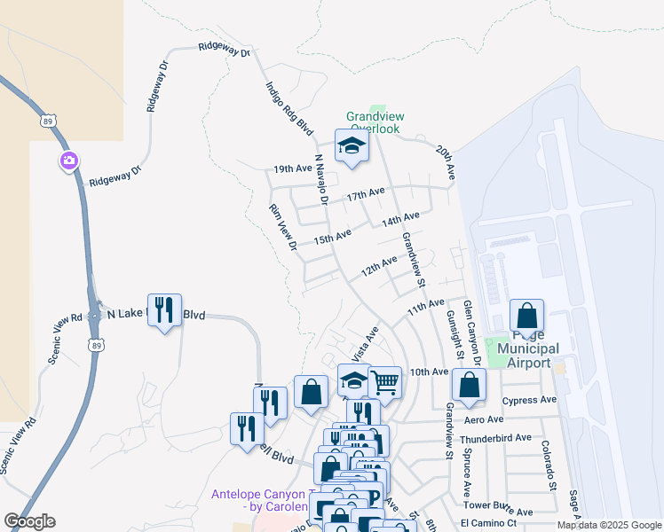 map of restaurants, bars, coffee shops, grocery stores, and more near 1 13th Avenue in Page