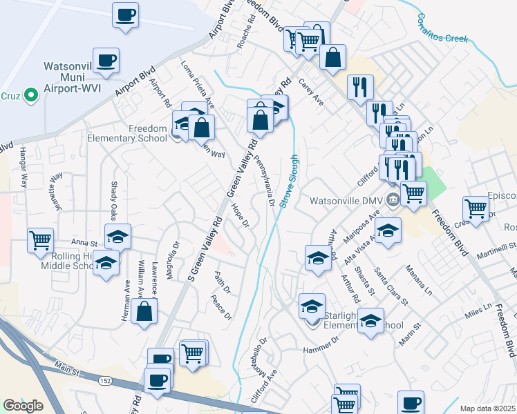 map of restaurants, bars, coffee shops, grocery stores, and more near 52 Winding Way in Watsonville
