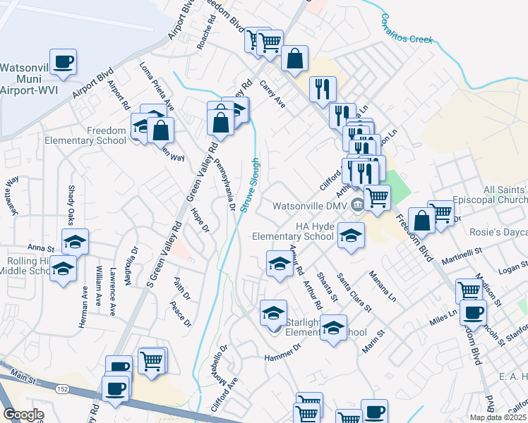 map of restaurants, bars, coffee shops, grocery stores, and more near 4 Melrose Avenue in Watsonville