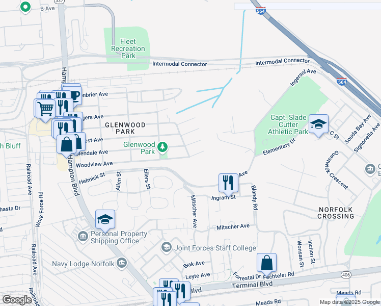 map of restaurants, bars, coffee shops, grocery stores, and more near 429 Woodview Avenue in Norfolk