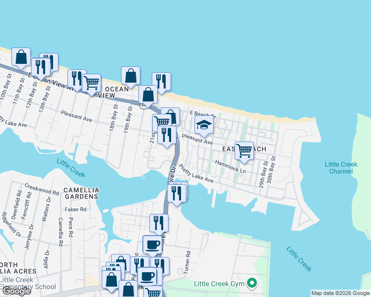 map of restaurants, bars, coffee shops, grocery stores, and more near 9540 Shore Drive in Norfolk