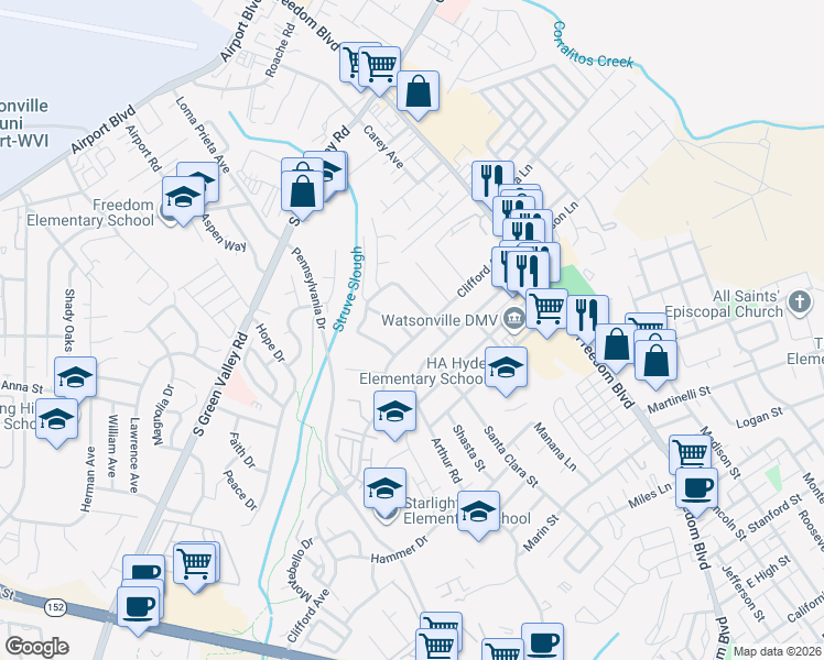 map of restaurants, bars, coffee shops, grocery stores, and more near 116 Arthur Road in Watsonville