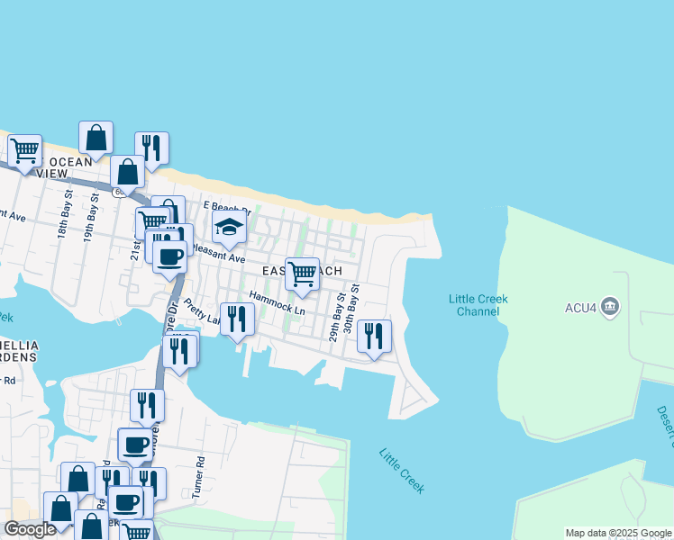 map of restaurants, bars, coffee shops, grocery stores, and more near 4851 Pleasant Avenue in Norfolk