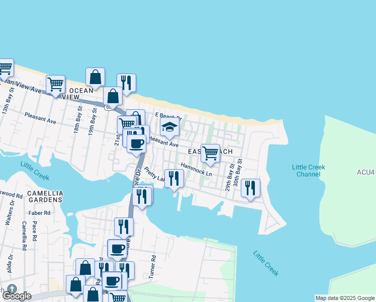 map of restaurants, bars, coffee shops, grocery stores, and more near 9578 26th Bay Street in Norfolk