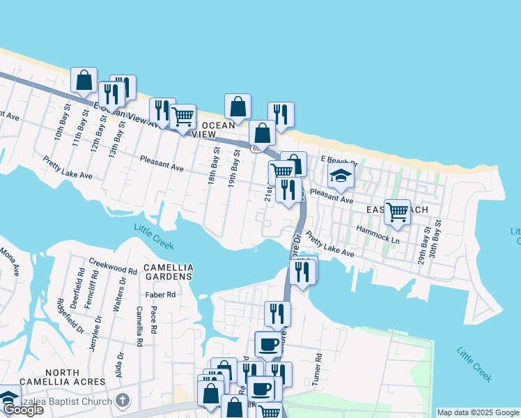 map of restaurants, bars, coffee shops, grocery stores, and more near 9519 21st Bay Street in Norfolk