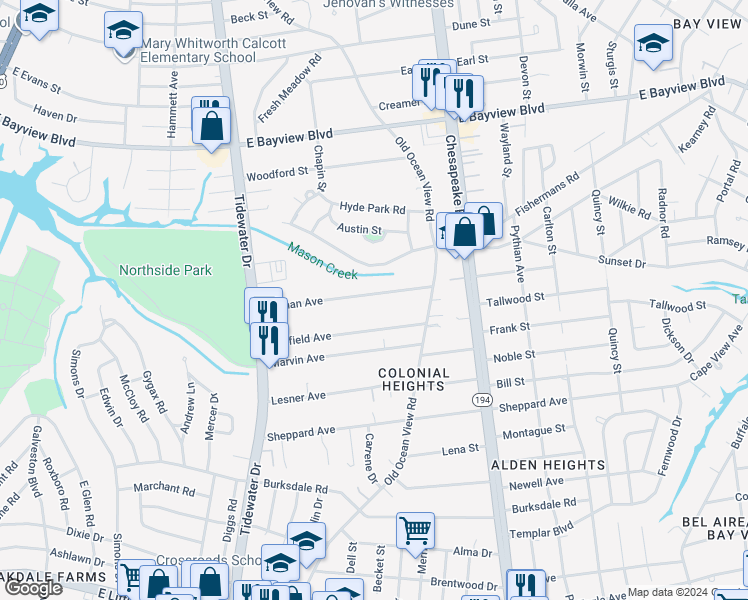 map of restaurants, bars, coffee shops, grocery stores, and more near 823 Norman Avenue in Norfolk