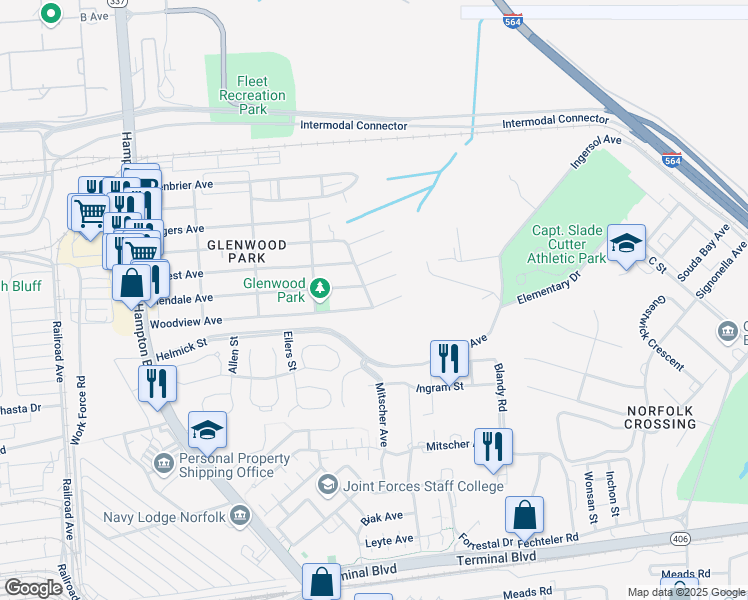map of restaurants, bars, coffee shops, grocery stores, and more near 429 Woodview Avenue in Norfolk